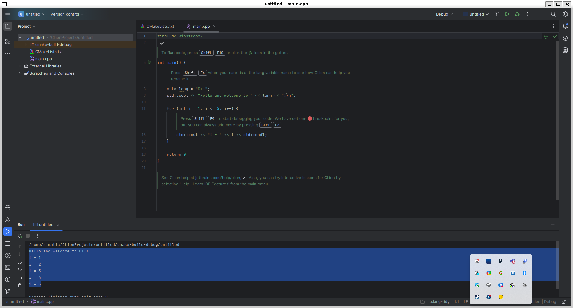 Exécution du ‘Hello World’ Clion