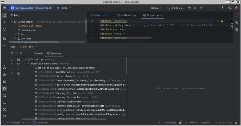 Onglet Sanitizer dans CLion