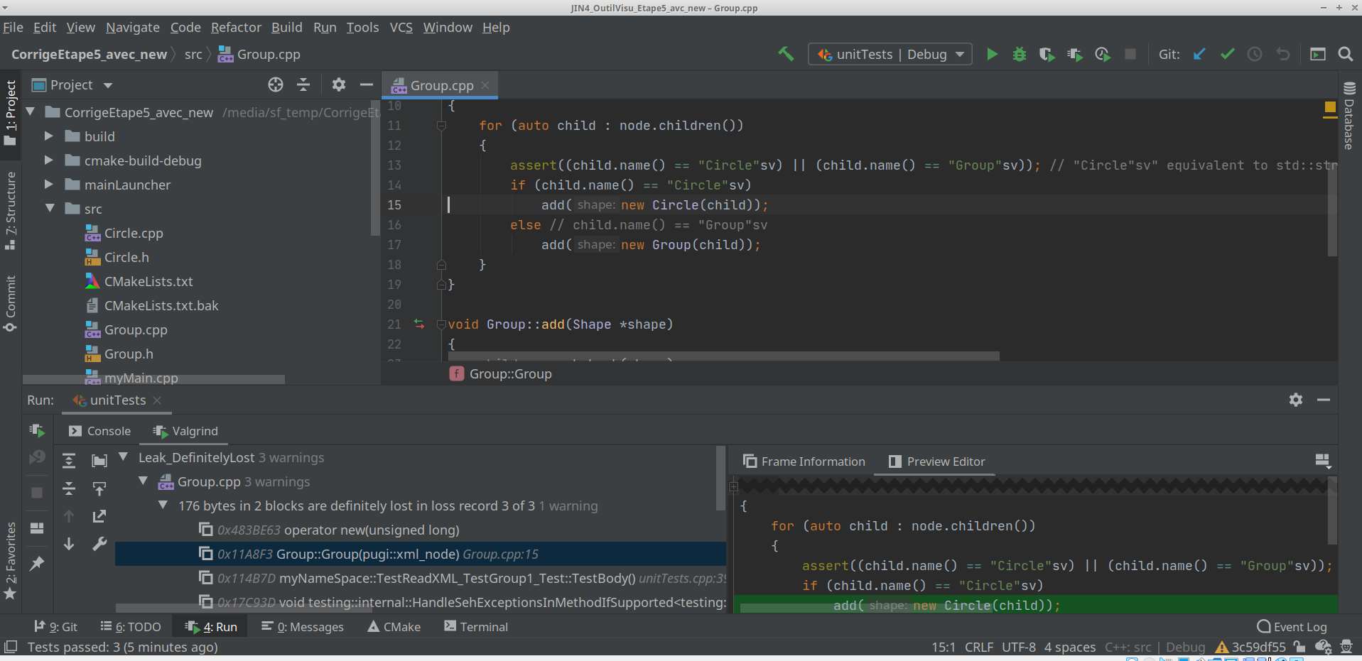 CLion affichant le résultat de l’exécution de Valgrind