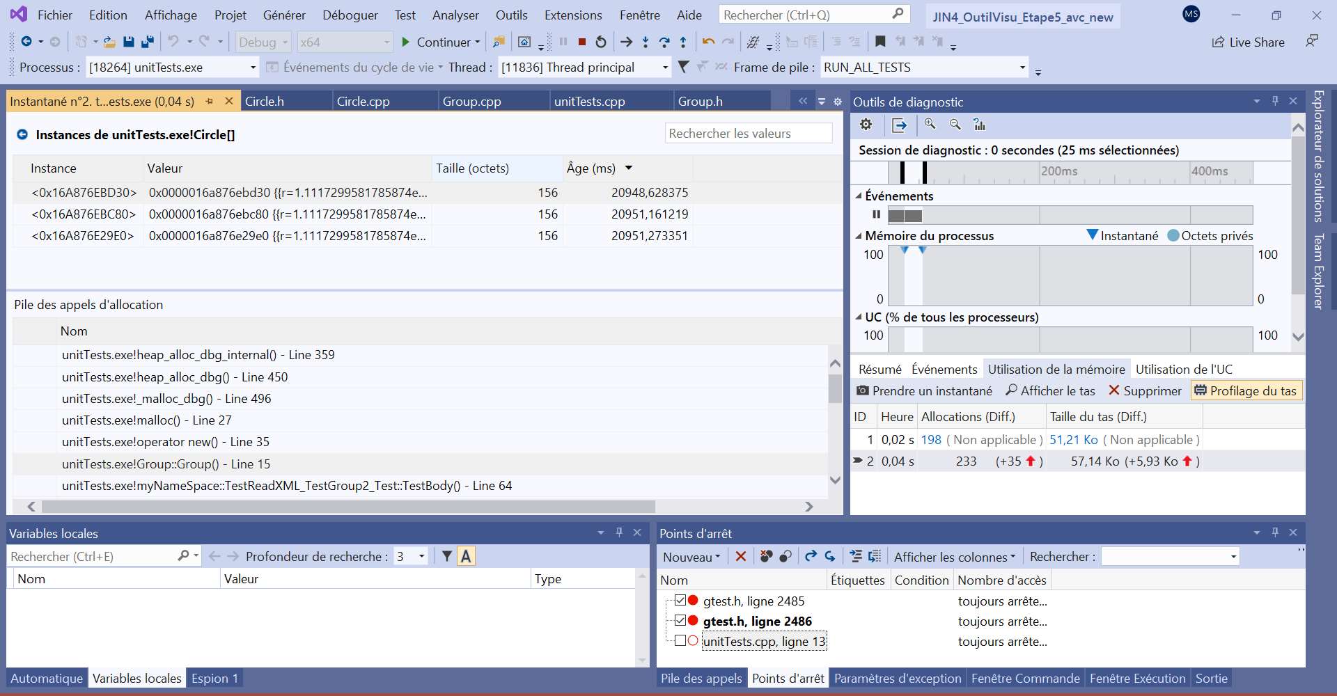 Visual Studio affichant le résultat de la différence d’instantanés