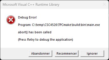 Fenêtre sous Windows liée à la levée de l’exception dans le programme