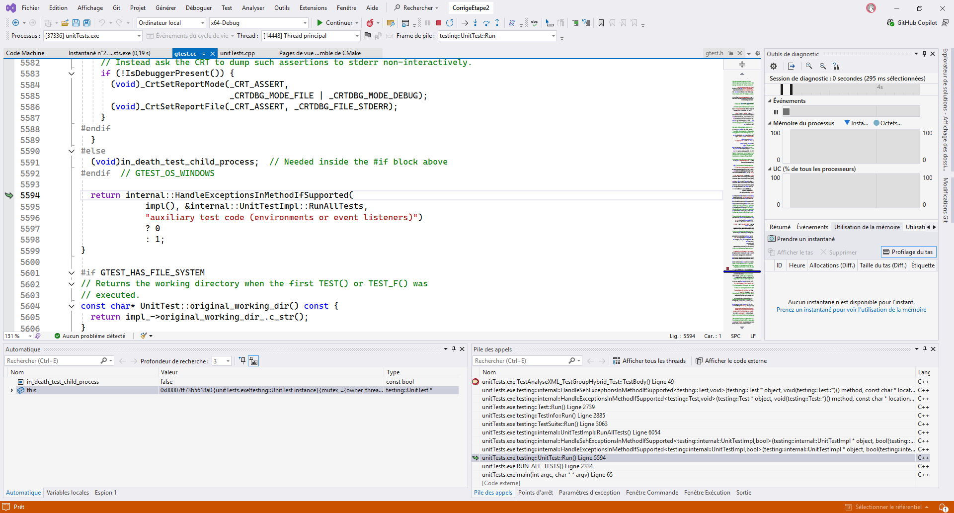 Visual Studio après double-clic, dans la “Pile des appels”, sur la ligne unitTests.exe!testing::UnitTest::Run()