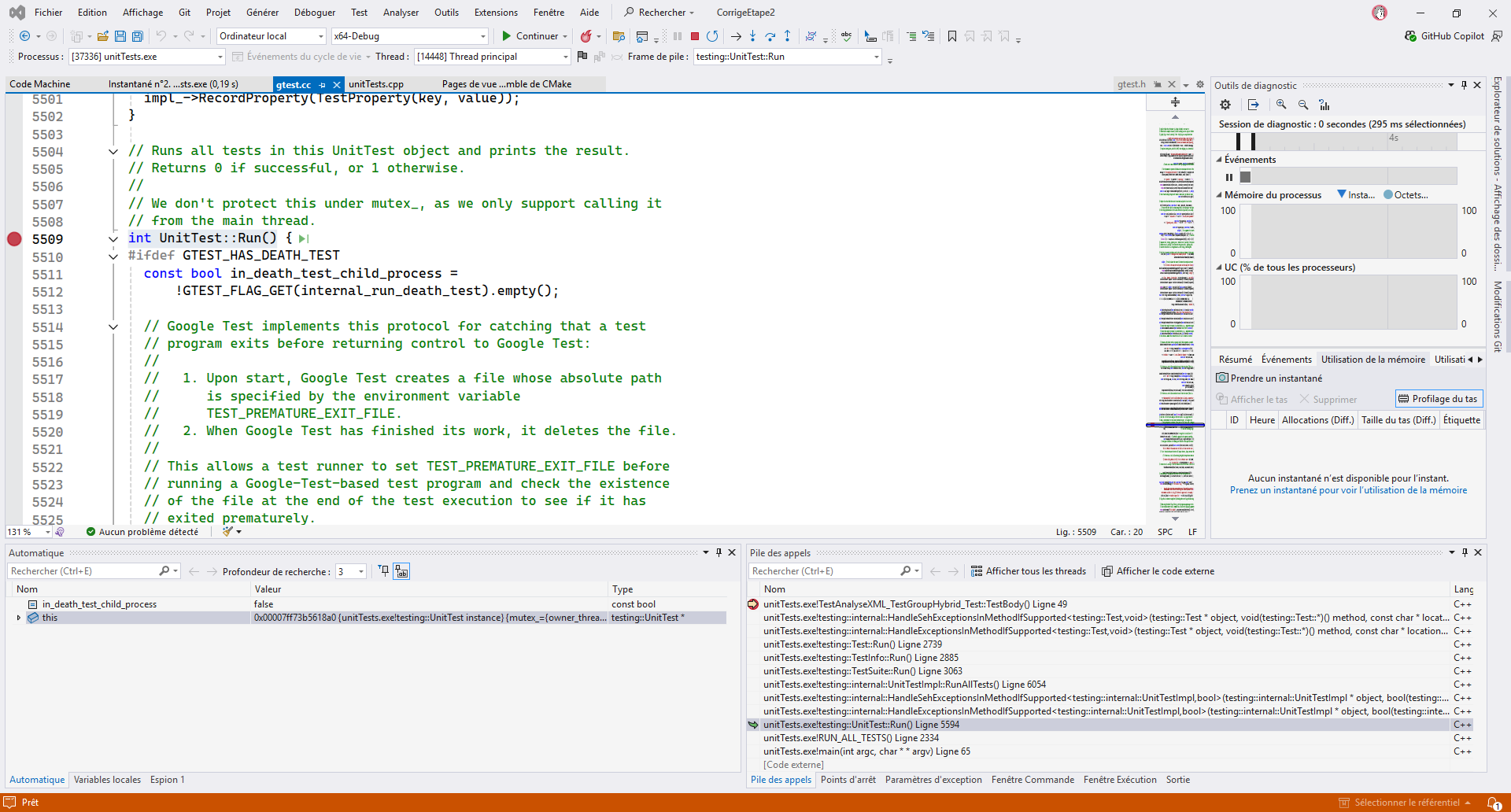 Visual Studio après pose du point d’arrêt sur double-clic sur int UnitTest::Run()