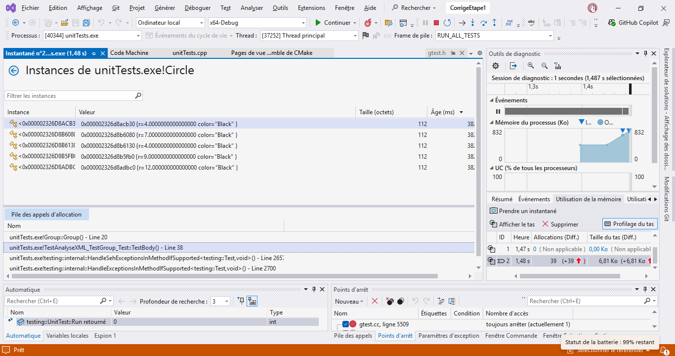 Visual Studio affichant le résultat de la différence d’instantanés